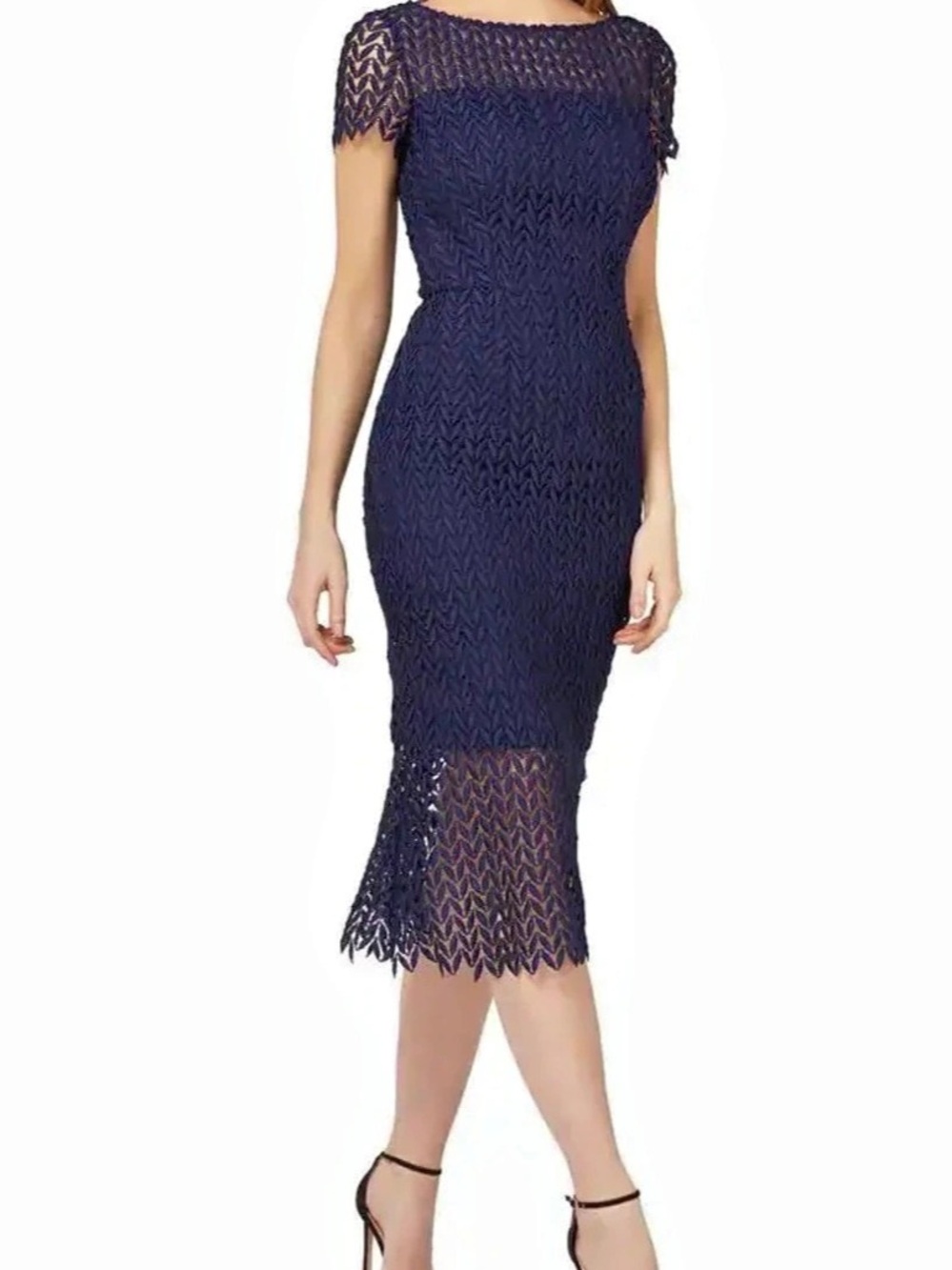 KAY UNGER Tatum Floral Lace Midi Cocktail Dress Navy Size 8